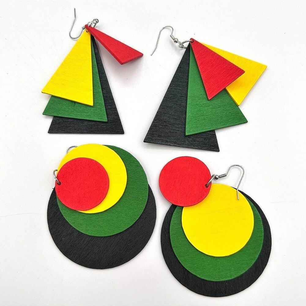 Vintage 90s Pan-African Wood Dangle Earrings Set Geometric Boho Fashion Jewelry